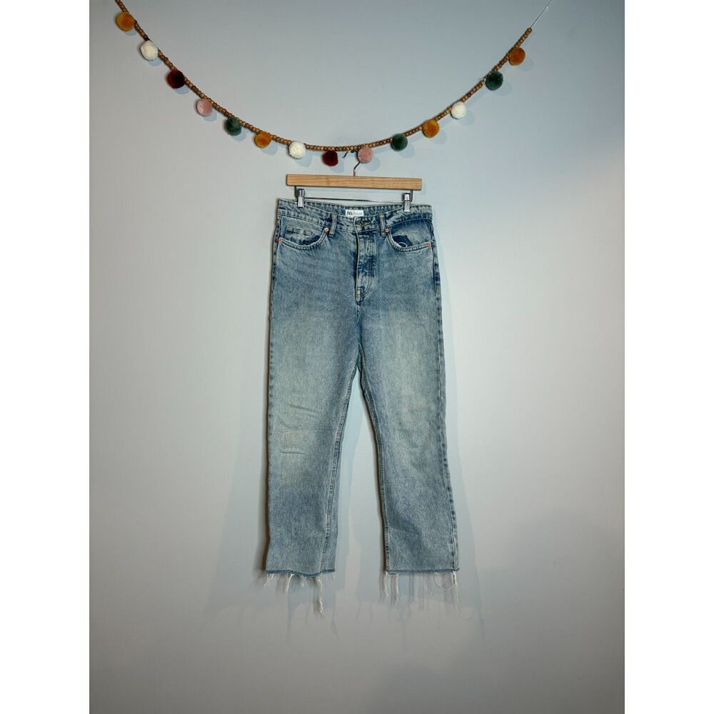 Zara light wash raw hem straight jeans